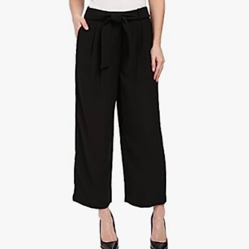 Vince Camuto Belted Wide Leg Pleated Crop High Rise Pants Black Women Size 0